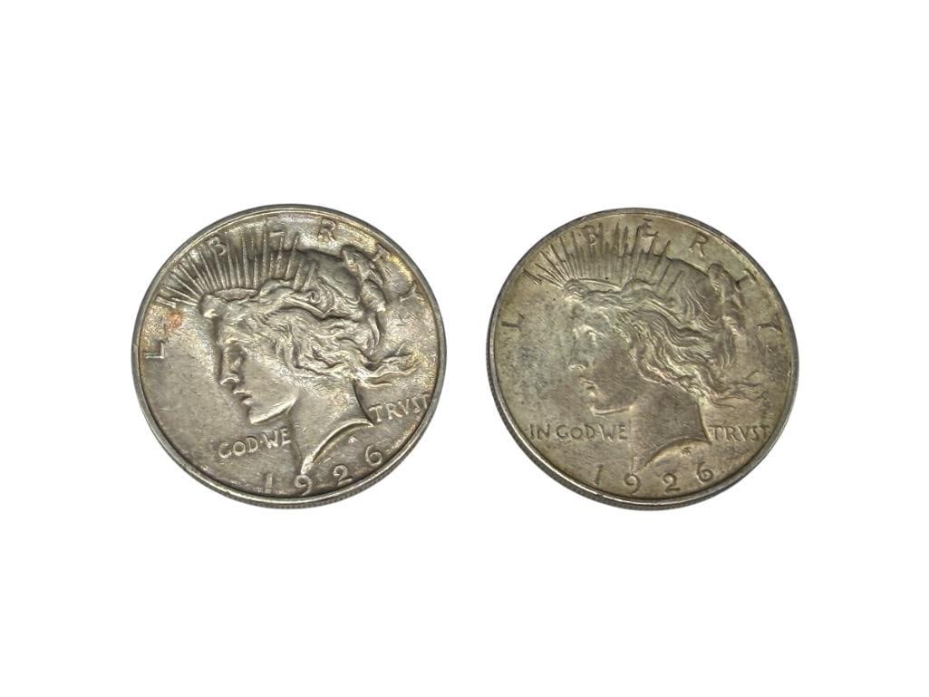 TWO 1926-D U.S. PEACE SILVER DOLLARS: 90% SILVER