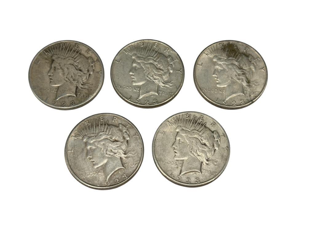 FIVE 1923-S U.S. PEACE SILVER DOLLARS: 90% SILVER