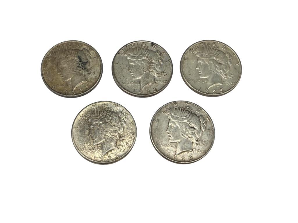 FIVE U.S. PEACE SILVER DOLLARS INCLUDING TWO 1923-D AND THREE 1923-S (1 of 16)