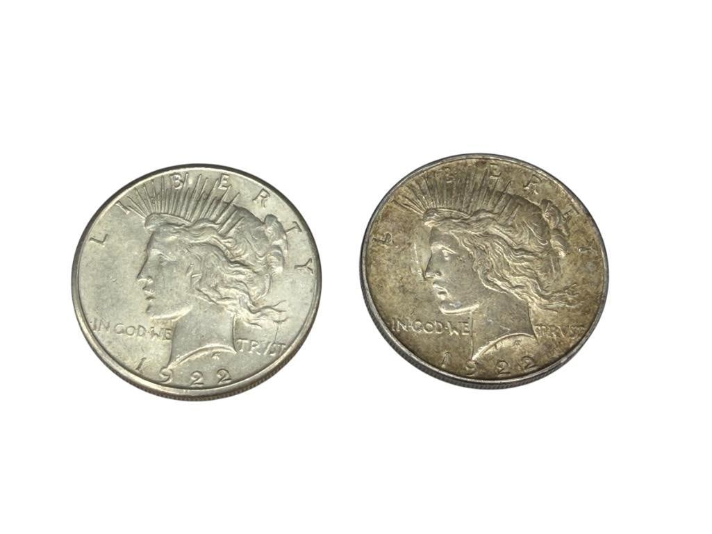 1922-D AND 1922-S U.S. PEACE SILVER DOLLARS: 90% SILVER