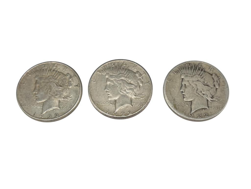 THREE 1922-S U.S. PEACE SILVER DOLLARS: 90% SILVER