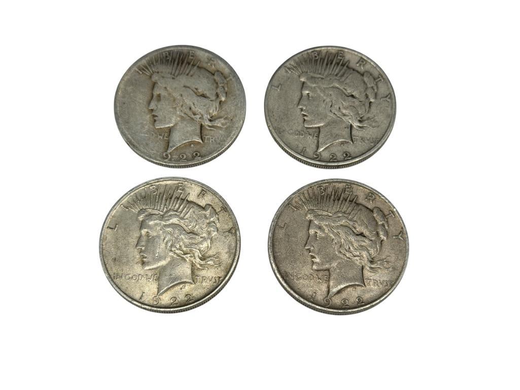 THREE 1922-D AND 1922-S U.S. PEACE SILVER DOLLARS: 90% SILVER
