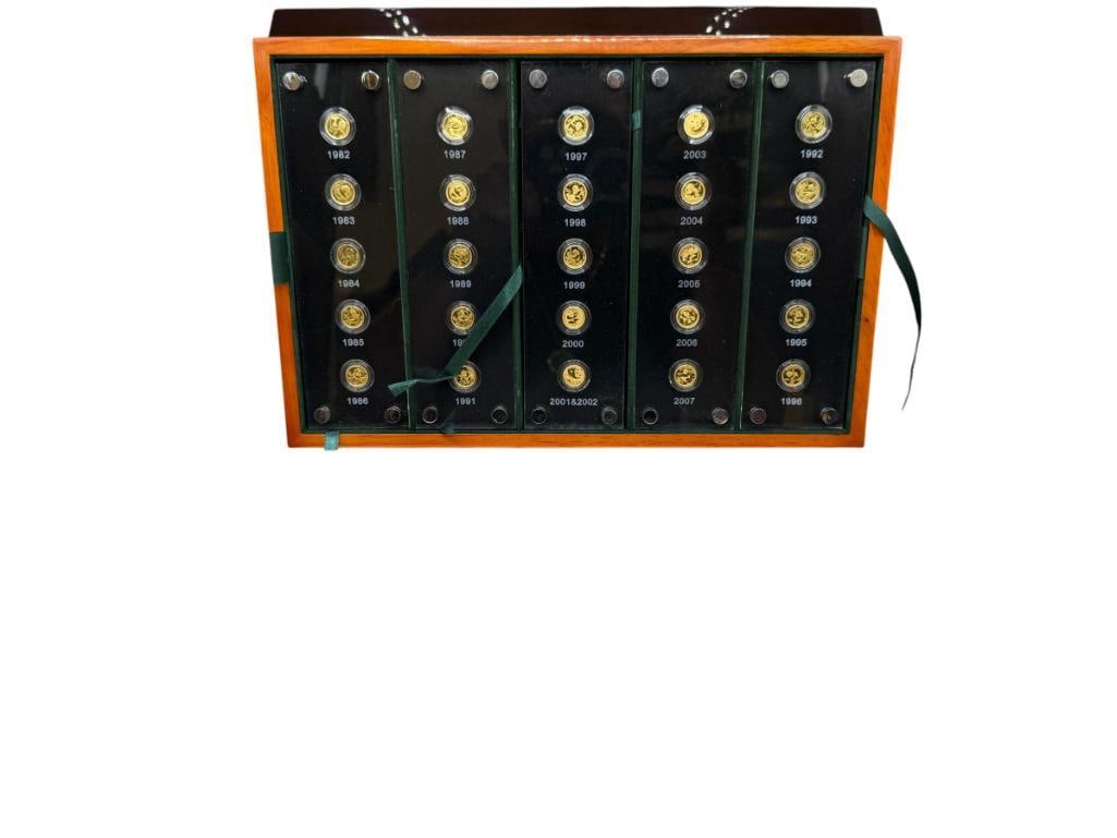2007 ISSUE COMMEMORATIVE GOLD COIN SET OF THE 25TH ANNIVERSARY OF THE ISSUANCE OF CHINESE PANDA G...: INCLUDES 25 PROOF COINS, .999 FINE GOLD, 1982 - 2007 DESIGNS, IN HARD PLASTIC CASES WITH ELEGANT DISPLAY CASE, ALSO INCLUDES CERTIFICATE OF AUTHENTICITY FROM THE PEOPLE'S BANK OF CHINA, 15 YUAN EACH
