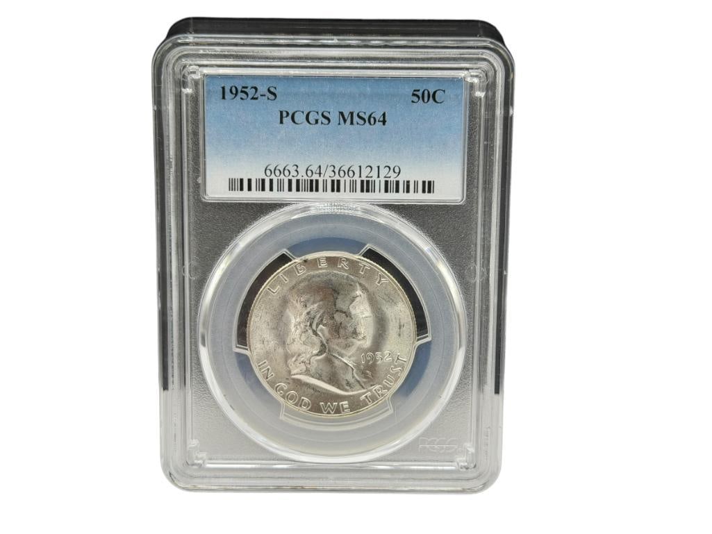 1952-S U.S. FRANKLIN SILVER HALF DOLLAR PCGS MS64: 90% SILVER