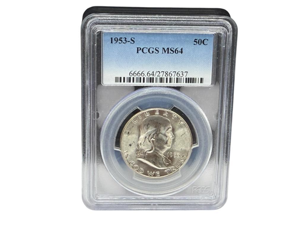 1953-S U.S. FRANKLIN SILVER HALF DOLLAR PCGS MS64: 90% SILVER