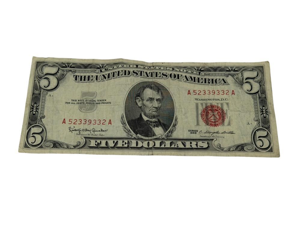 SERIES OF 1963 U.S. $5 CURRENCY NOTE WITH RED SEAL (1 of 6)