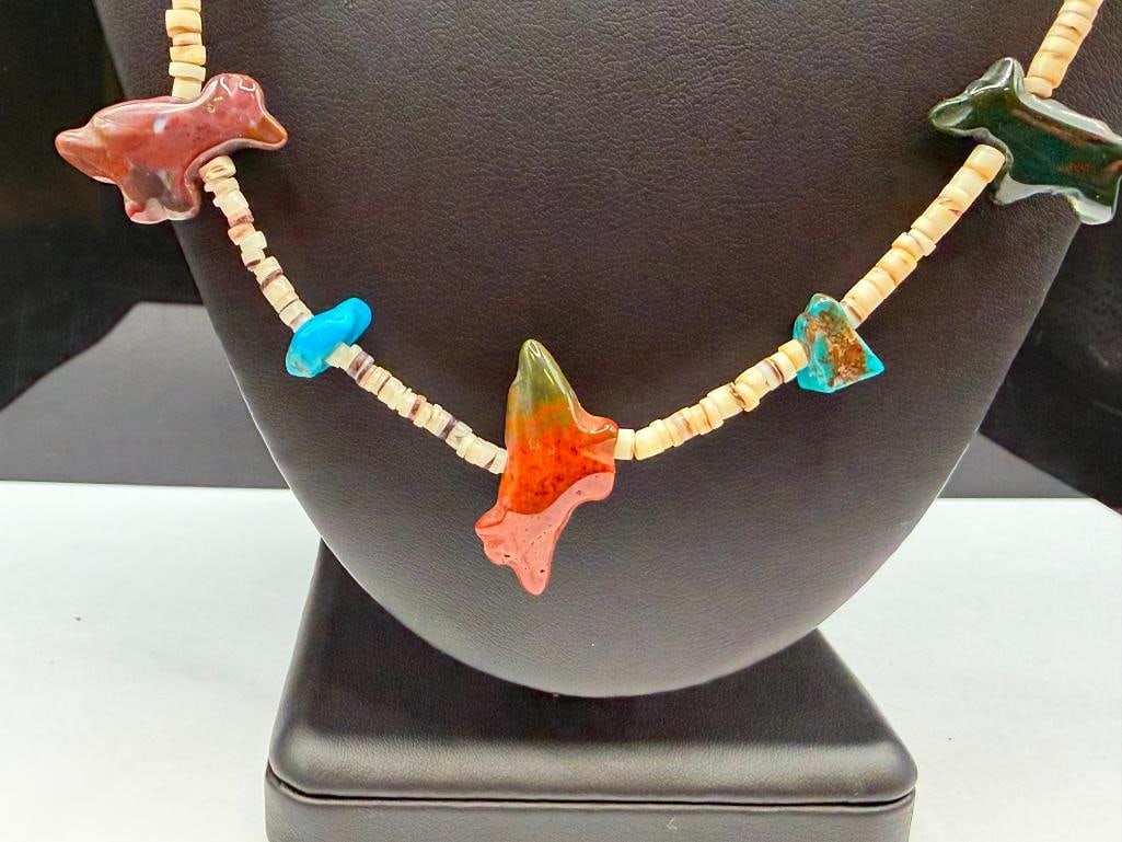 NATIVE AMERICAN HEISHI BEAD TURQUOISE FETISH NECKLACE - 2
