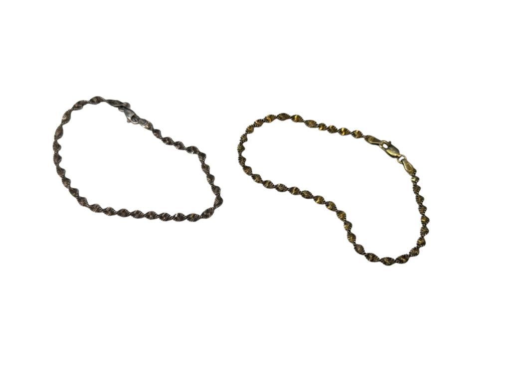 TWO ITALIAN STERLING SILVER TWISTED DESIGN BRACELETS: INCLUDES ONE WITH GOLD TONE FINISH 7 1/4" AND 8", 6.51 GRAMS TOTAL