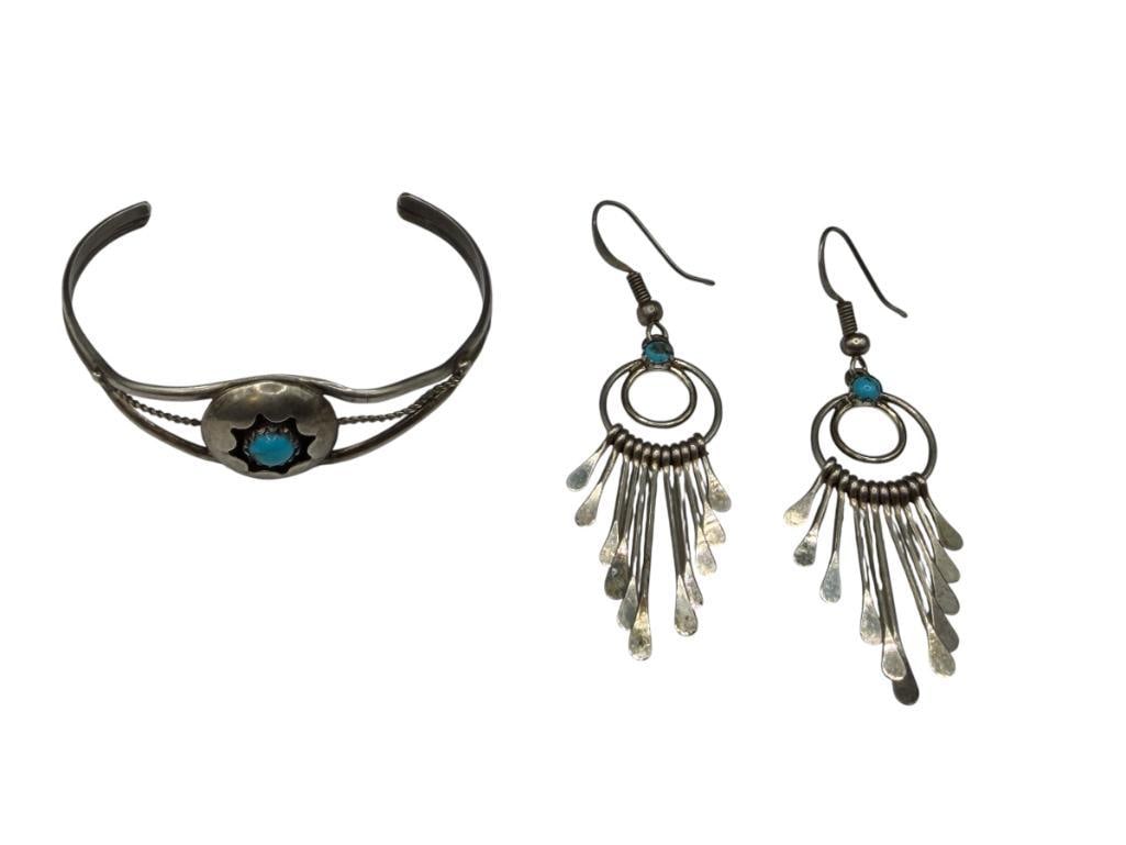 VINTAGE NAVAJO STERLING SILVER TURQUOISE SHADOWBOX DESIGN CHILD'S CUFF BRACELET AND DANGLE EARRINGS: DANGLE EARRINGS ARE STERLING SILVER WITH TURQUOISE ACCENTS AND SILVERPLATED WIRE HOOKS 1 7/8" CUFF WRIST WIDTH, 2" EARRINGS, 8.15 GRAMS TOTAL