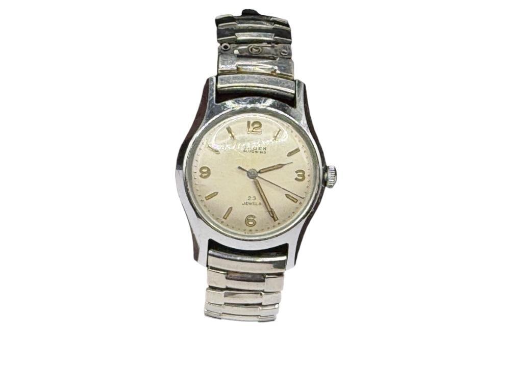 VINTAGE 1950'S MEN'S GRUEN AUTOWIND 23 JEWELS AUTOMATIC WRISTWATCH: FEATURING STAINLESS STEEL DIAL AND BAND, RUNNING CONDITION, WATCH IS IN PRETTY GOOD CONDITION, BAND IS FAIR WITH SOME DAMAGE 34MM CASE