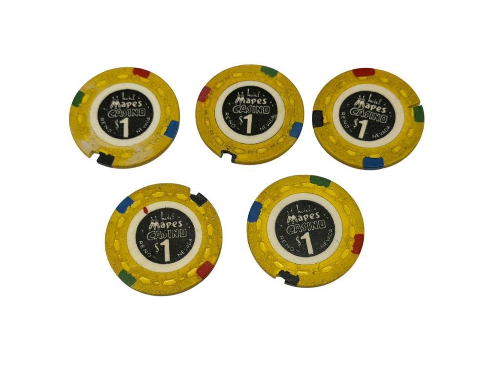 FIVE VINTAGE 1964 MAPES CASINO RENO, NEVADA $1 CANCELLED CASINO CHIPS (1 of 7)