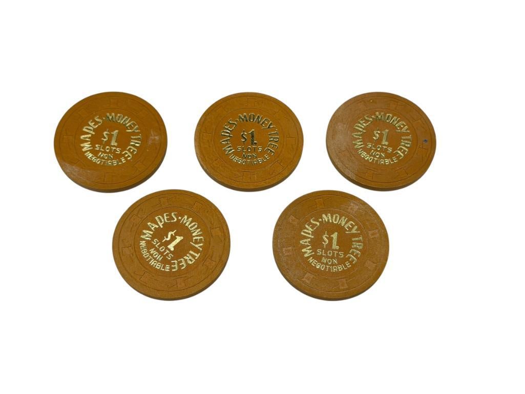 FIVE VINTAGE MAPES MONEY TREE $1 SLOTS NON-NEGOTIABLE CASINO ROULETTE CHIPS (1 of 7)