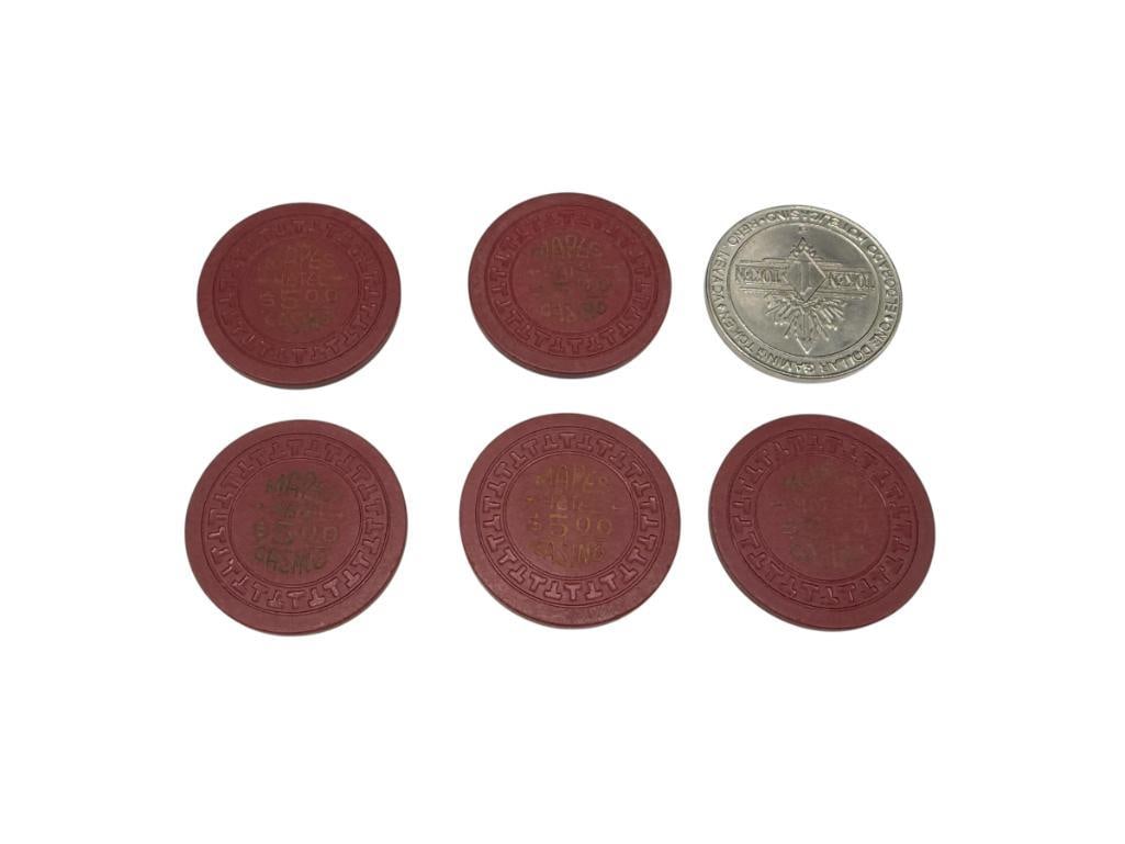 FIVE VINTAGE 1950'S MAPES HOTEL CASINO RENO, NEVADA $5 CASINO ROULETTE CHIPS: FEATURING "T" MOLD DESIGN, BRICK RED, AS WELL AS ONE EL DORADO CASINO RENO, NEVADA $1 GAMING TOKEN