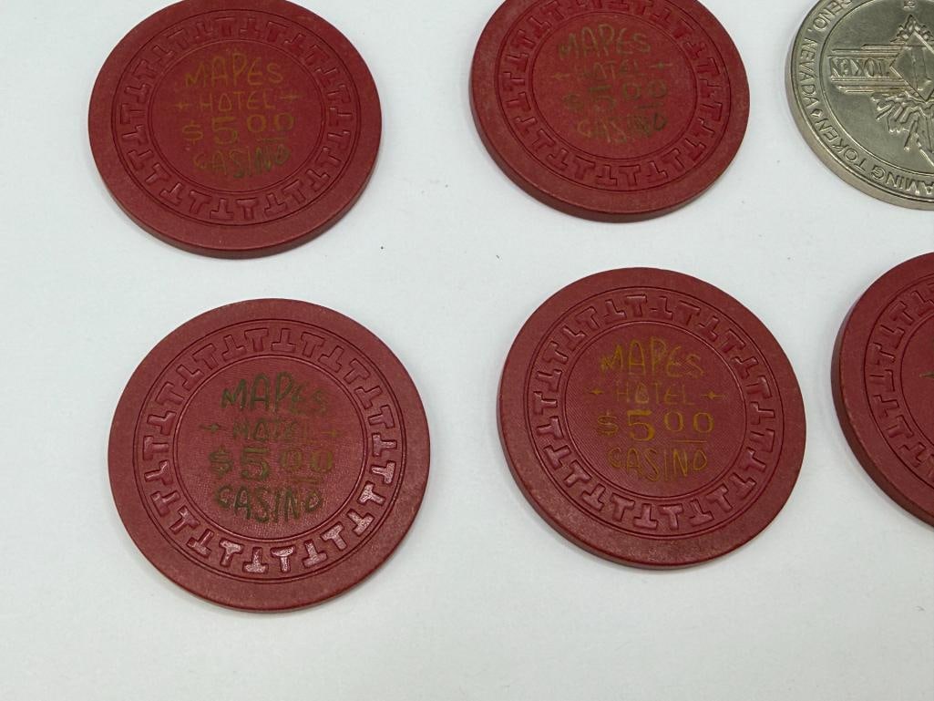 FIVE VINTAGE 1950'S MAPES HOTEL CASINO RENO, NEVADA $5 CASINO ROULETTE CHIPS - 2