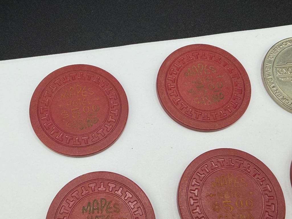 FIVE VINTAGE 1950'S MAPES HOTEL CASINO RENO, NEVADA $5 CASINO ROULETTE CHIPS - 3