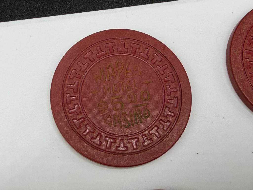 FIVE VINTAGE 1950'S MAPES HOTEL CASINO RENO, NEVADA $5 CASINO ROULETTE CHIPS - 4