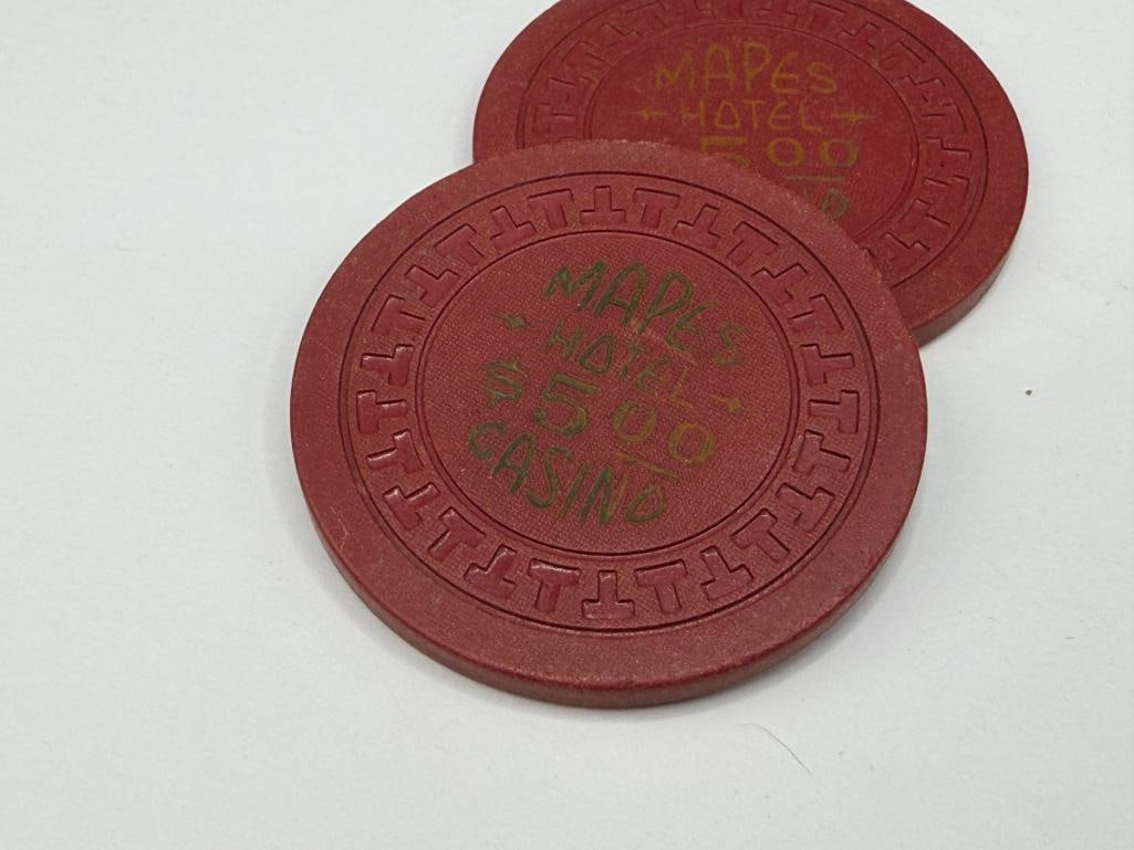 FIVE VINTAGE 1950'S MAPES HOTEL CASINO RENO, NEVADA $5 CASINO ROULETTE CHIPS - 5