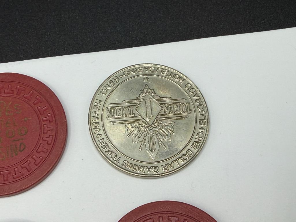 FIVE VINTAGE 1950'S MAPES HOTEL CASINO RENO, NEVADA $5 CASINO ROULETTE CHIPS - 6
