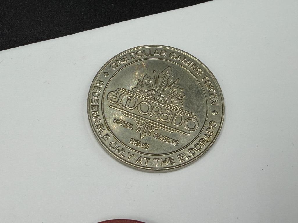 FIVE VINTAGE 1950'S MAPES HOTEL CASINO RENO, NEVADA $5 CASINO ROULETTE CHIPS - 7