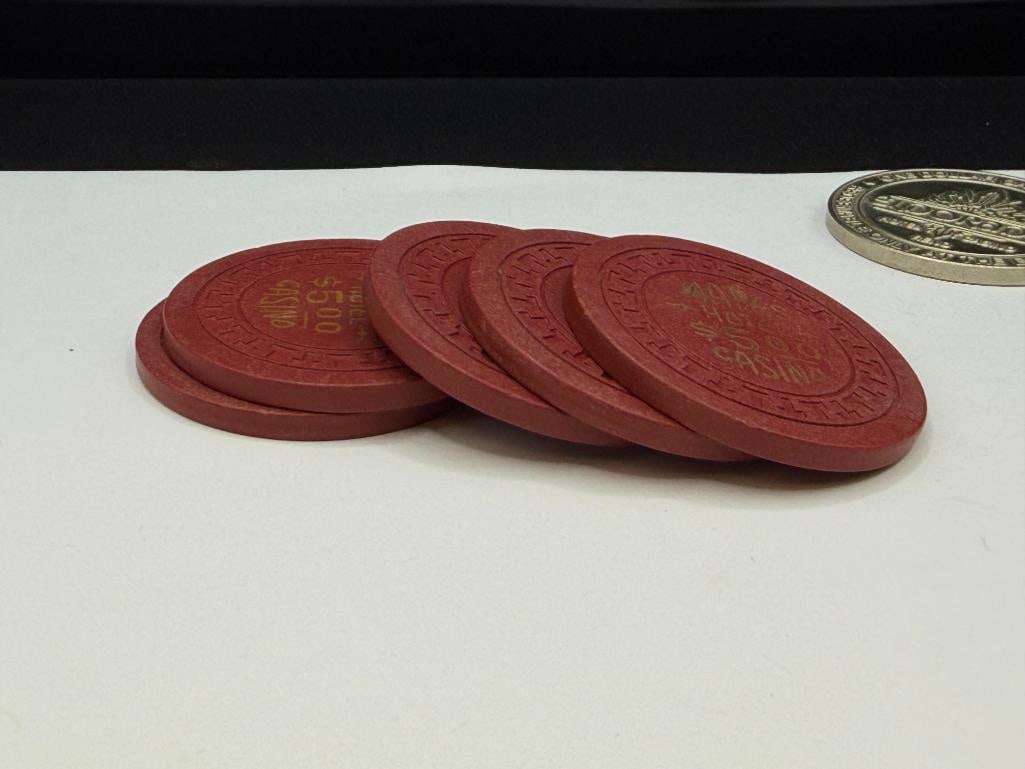 FIVE VINTAGE 1950'S MAPES HOTEL CASINO RENO, NEVADA $5 CASINO ROULETTE CHIPS - 8