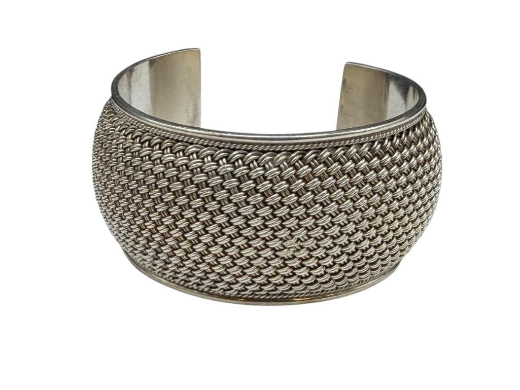 VINTAGE STERLING SILVER MESH DESIGN CUFF BRACELET: FEATURING UNIQUE MESH DESIGN 2 3/8" CUFF WRIST WIDTH X 1 3/8" THICK, 90.24 GRAMS
