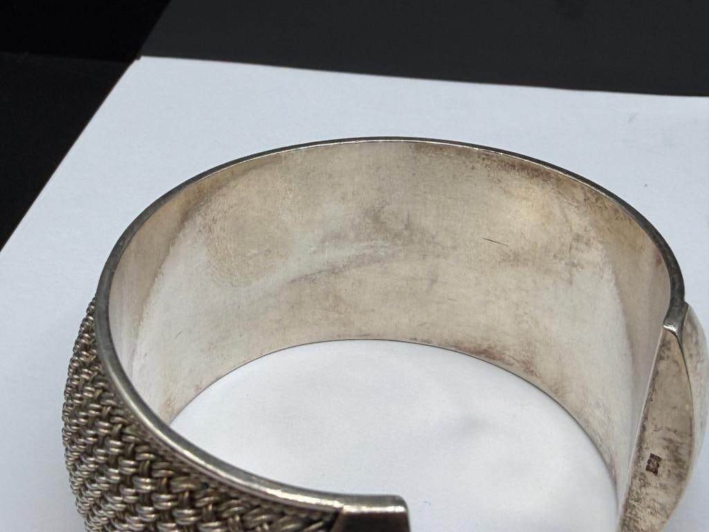 VINTAGE STERLING SILVER MESH DESIGN CUFF BRACELET - 5