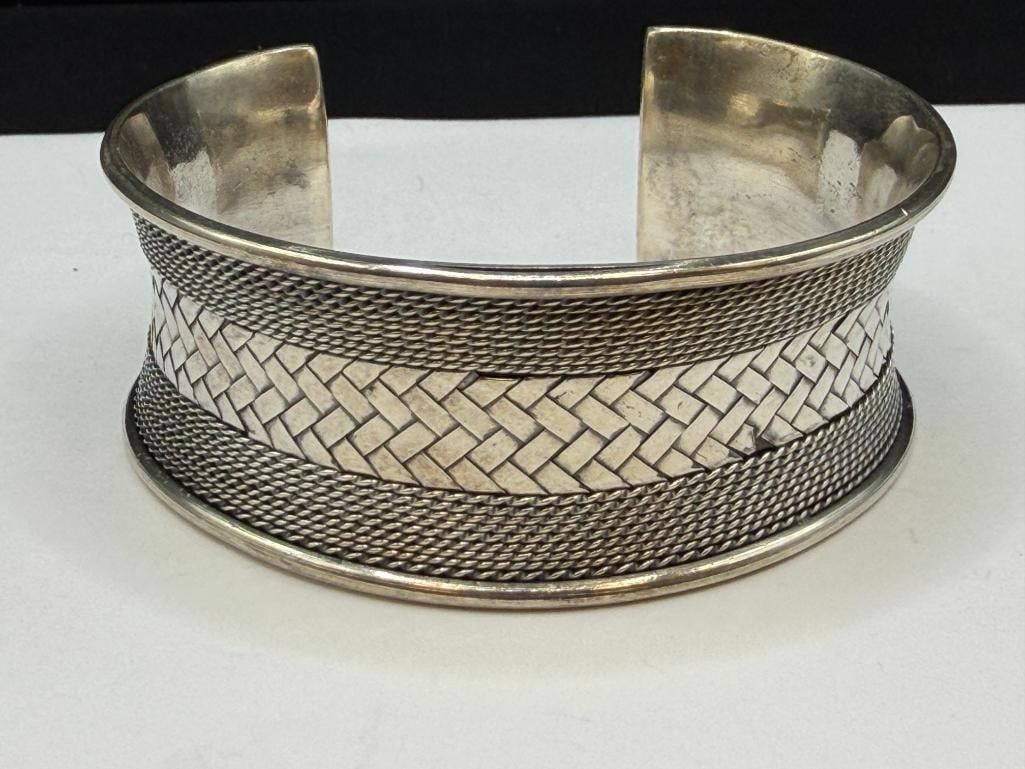 VINTAGE STERLING SILVER MESH AND BRAIDED PATTERN CUFF BRACELET - 2