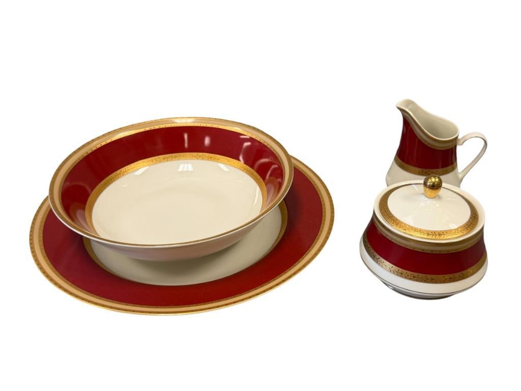 MIKASA GRANDE IVORY FRENCH EMBASSY RED CHINA SERVING BOWL, DINNER PLATE, CREAMER AND SUGAR: IVORY CHINA WITH RED AND GILT LEAF DECORATED, NO CHIPS OR CRACKS 9" BOWL, 12" PLATE