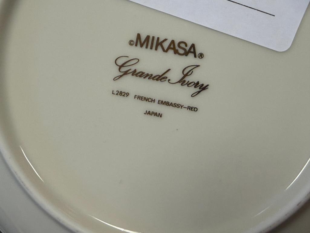 MIKASA GRANDE IVORY FRENCH EMBASSY RED CHINA SERVING BOWL, DINNER PLATE, CREAMER AND SUGAR - 6
