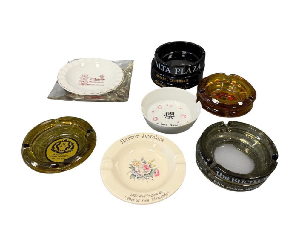 VINTAGE GLASS AND CERAMIC ASH TRAYS FROM ESTABLISHMENTS IN CALIFORNIA: HARBOR JEWELERS, HOTEL SAN DIEGO, THE BUENA VISTA, ALTA PLAZA, HIGHLANDS INN, SAKURA GARDENS, AND OTHERS, NO CHIPS 4" UP TO 5 3/4"