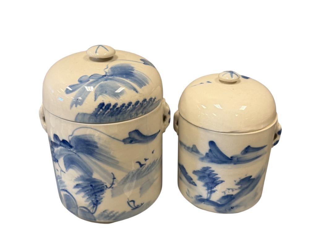 VINTAGE JAPANESE POTTERY COBALT LANDSCAPE TEA JARS (1 of 8)
