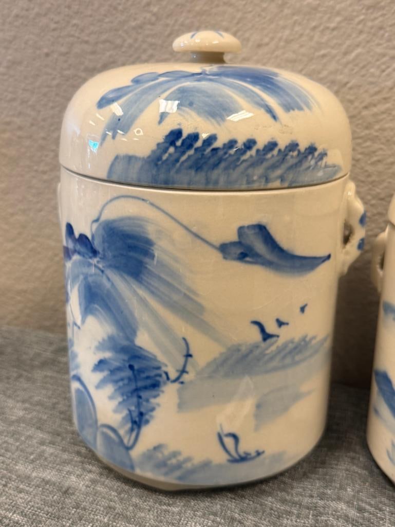 VINTAGE JAPANESE POTTERY COBALT LANDSCAPE TEA JARS - 2