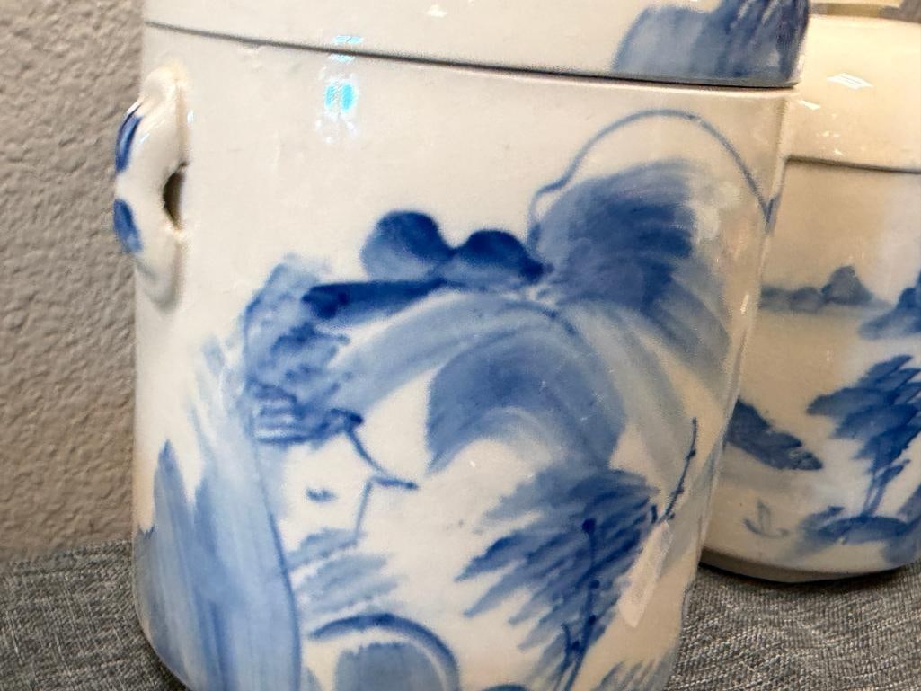 VINTAGE JAPANESE POTTERY COBALT LANDSCAPE TEA JARS - 3