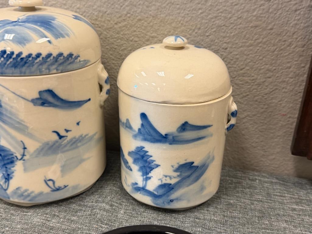 VINTAGE JAPANESE POTTERY COBALT LANDSCAPE TEA JARS - 5