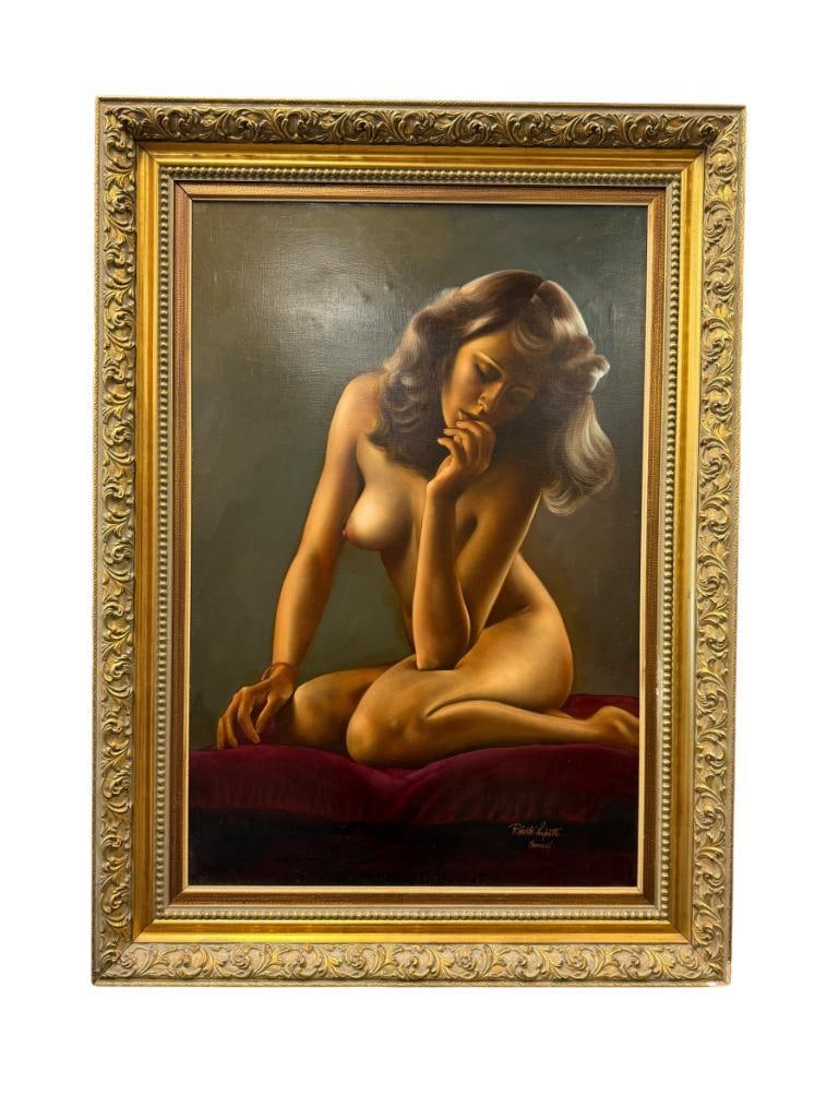 ROBERT LUPETTI ITALIAN BORN CALIFORNIA ARTIST BEAUTIFUL ORIGINAL OIL ON CANVAS PAINTING NUDE WOMAN: ROBERT LUPETTI (1918-1997) WAS BORN IN MILAN, ITALY KNOWN FOR HIS PORTRAITS, LIVED MOST OF HIS LIFE IN CARMEL, ART DEPICTS PORTRAIT OF A NUDE WOMAN KNEELING ON A RED VELVET CUSHION WITH MOODY BAC