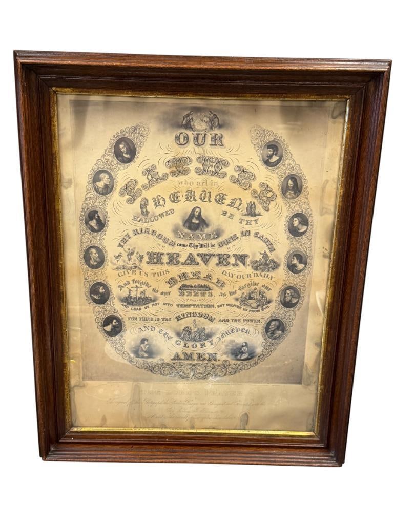 L. COWLES PUBLISHED LORD'S PRAYER ANTIQUE RELIGIOUS PRAYER PRINT ORIGINAL BY DELWIN BROWN: 22" X 28" FRAME