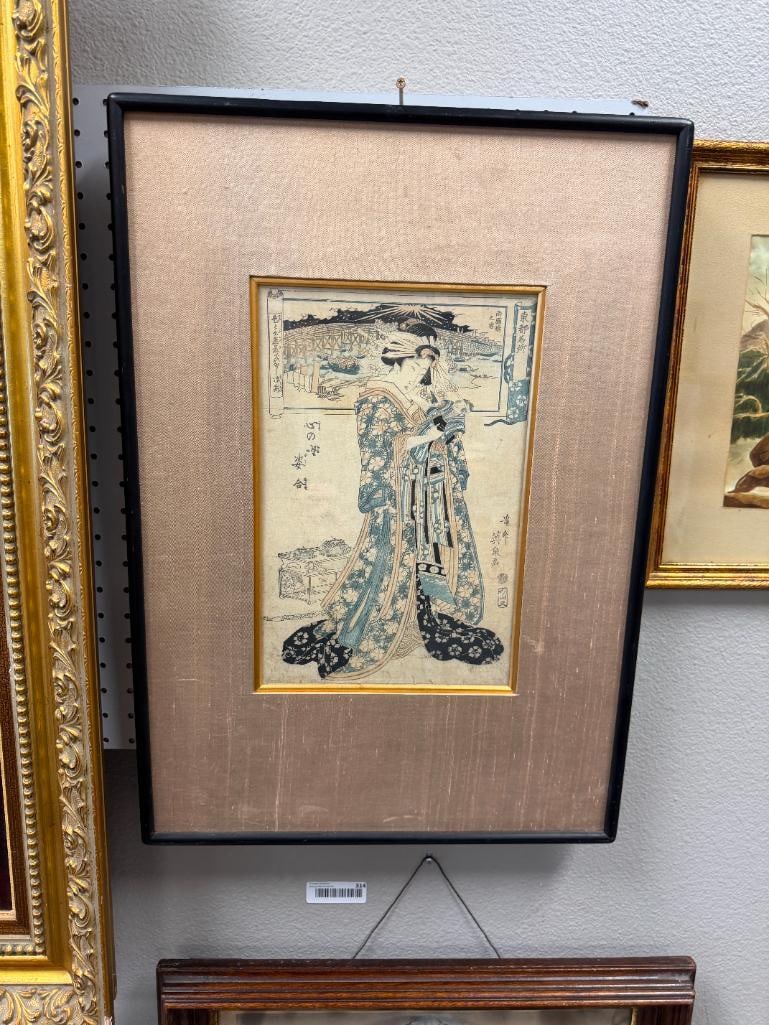 KEISAI EISEN JAPANESE ARTIST WOODBLOCK PRINT EDO PERIOD FAMOUS PLACES IN THE EASTERN CAPITAL SERIES: KEISAI EISEN (1790-1848) 18TH CENTURY ARTIST, ART DEPICTS A WOMAN DRESSES IN INTRICATE ROBE HOLDING A SMALL CHILD , FRAMED18 1/2" X 26 1/2" FRAME