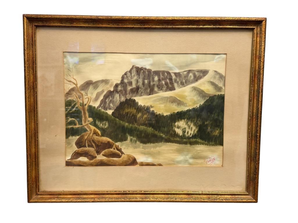 WILLIAM (BILL) PARSE COLORADO BORN NEVADA ARTIST ORIGINAL WATERCOLOR ON PAPER PAINTING: BILL PARSE (1907-1959) WAS BORN IN COLORADO, WAS A PAINTER APPRENTICE FOR A LOCAL SIGN COMPANY IN COLORADO, ART DEPICTS MOUNTAIN LANDSCAPE, SIGNED LOWER RIGHT, FRAMED 21" X 16 1/2" FRAME
