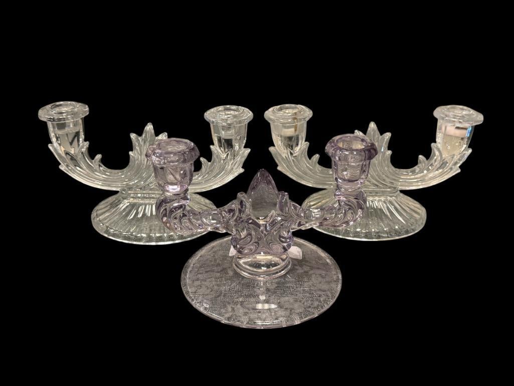 PAIR OF FOSTORIA BAROQUE DOUBLE CANDLESTICK HOLDERS AND NEW MARTINSVILLE FLORENTINE CANDLE COLDER (1 of 10)