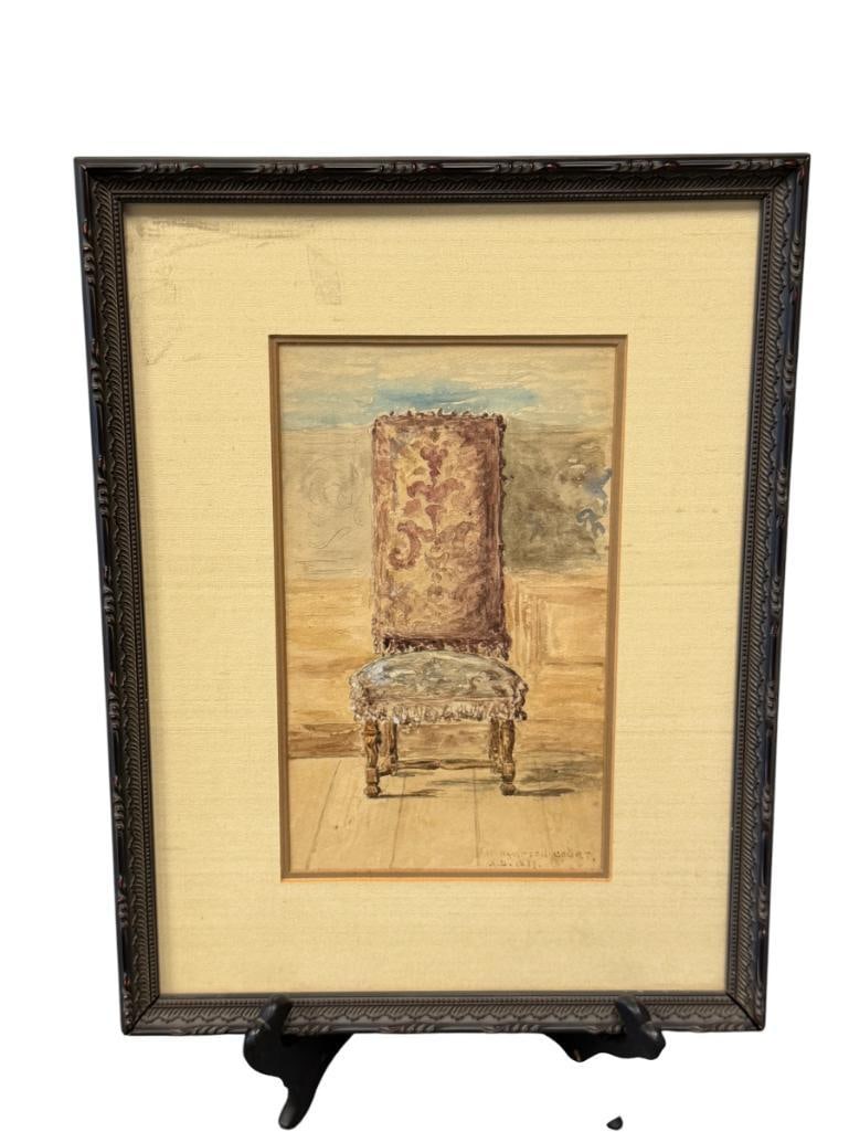 HAMPTON COURT ORIGINAL WATERCOLOR ON PAPER PAINTING OF A EMPIRE STYLE ARM CHAIR 1877: 10 3/4" X 14" FRAME