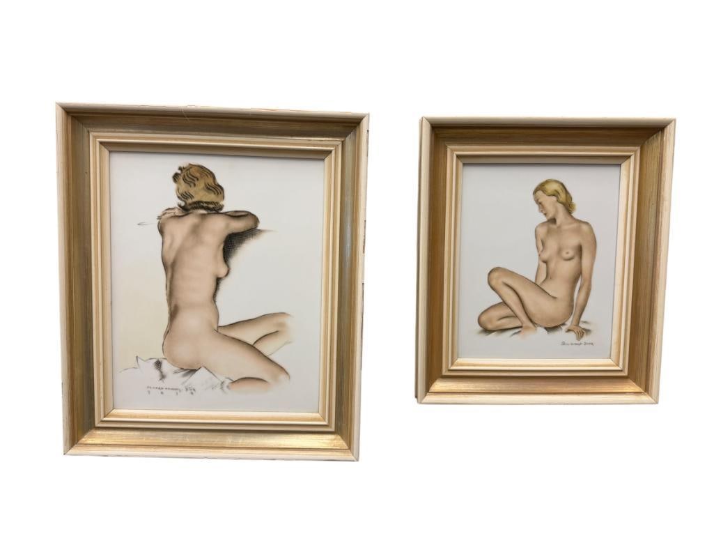 ROSENTHAL / KPM PORCELAIN WALL PLAQUES SEATED NUDE STUDIES BY ERHARD AMADEUS DIER CIRCA 1930'S: TWO PORCELAIN WALL PLAQUES OF SEATED NUDE WOMAN BY AUSTRIAN BORN ARTIST ERHARD AMADEUS DIER (1893-1969) MADE BY ROSENTHAL OR KPM, FRAMED 11 1/2" X 13 1/4" AND 13 3/4" X 16" FRAMES