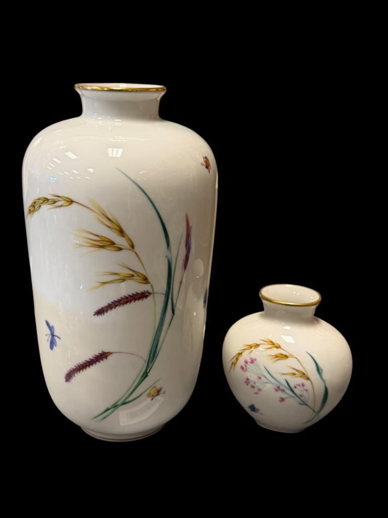 VINTAGE HEINRICH H&C SELB BAVARIA PORCELAIN VASES SUMMER / SOMMER PATTERN MADE IN GERMANY: BUTTERFLIES AND WILDFLOWERS DESIGN, MARKED ON THE BOTTOM, NO CHIPS OR CRACKS 4" AND 9 1/4" H
