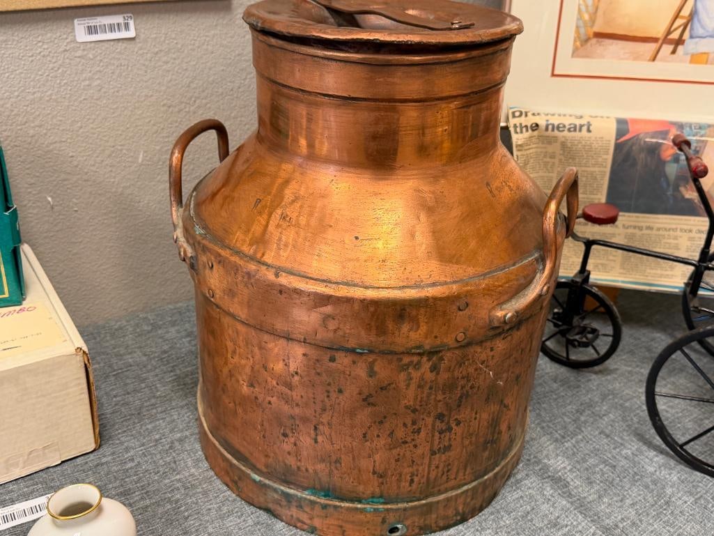 VINTAGE 50L COPPER DAIRY / MILK CAN WITH CHAINED COPPER TOP, MARKED - 10