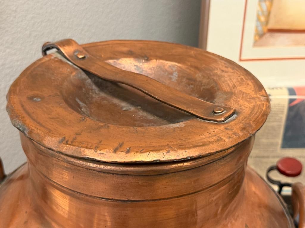 VINTAGE 50L COPPER DAIRY / MILK CAN WITH CHAINED COPPER TOP, MARKED - 12