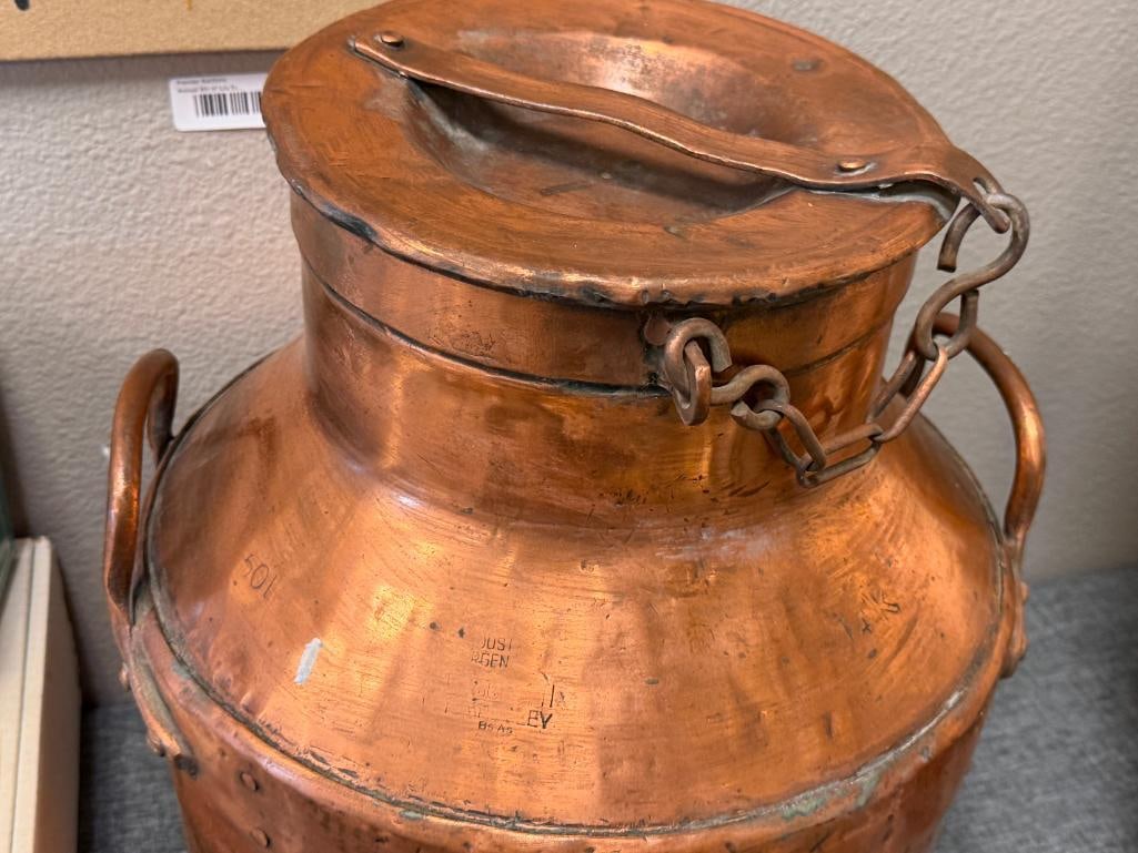 VINTAGE 50L COPPER DAIRY / MILK CAN WITH CHAINED COPPER TOP, MARKED - 2