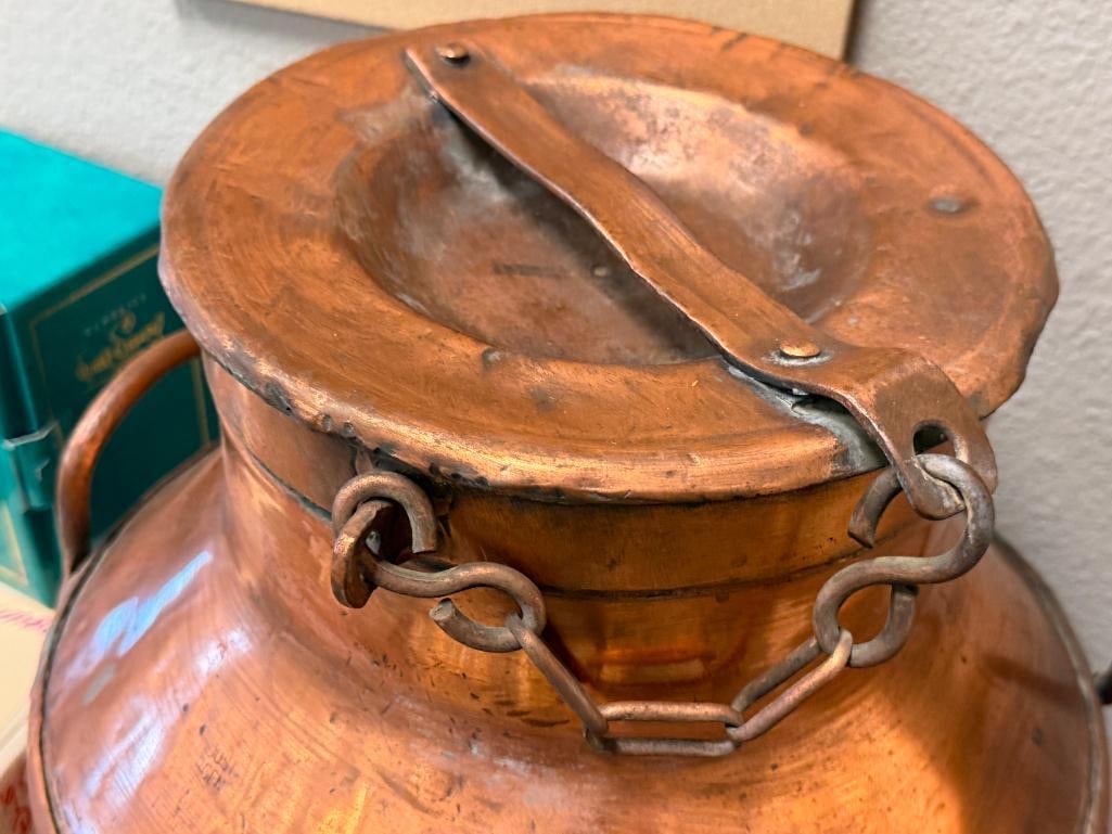 VINTAGE 50L COPPER DAIRY / MILK CAN WITH CHAINED COPPER TOP, MARKED - 3