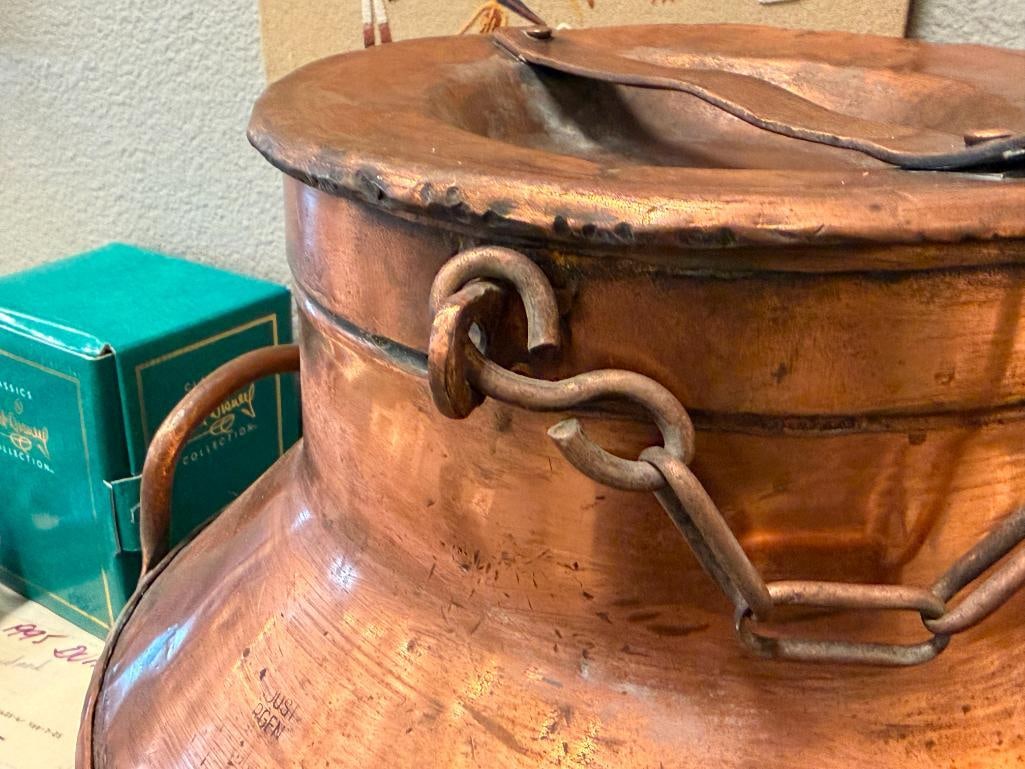 VINTAGE 50L COPPER DAIRY / MILK CAN WITH CHAINED COPPER TOP, MARKED - 4