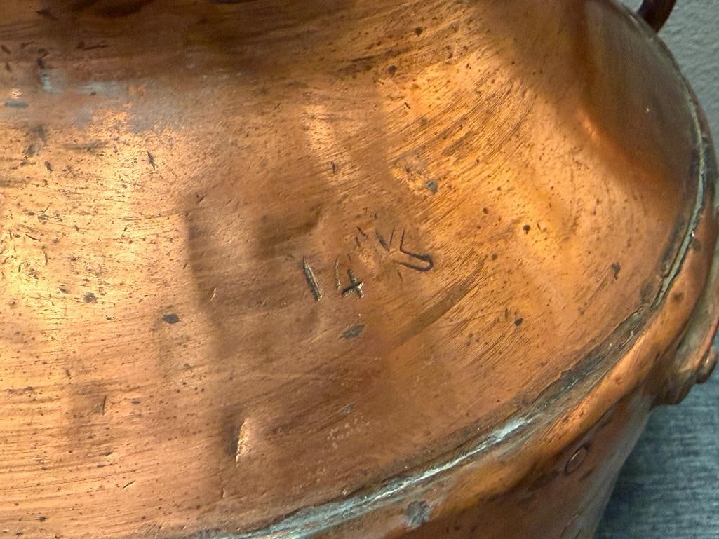 VINTAGE 50L COPPER DAIRY / MILK CAN WITH CHAINED COPPER TOP, MARKED - 5