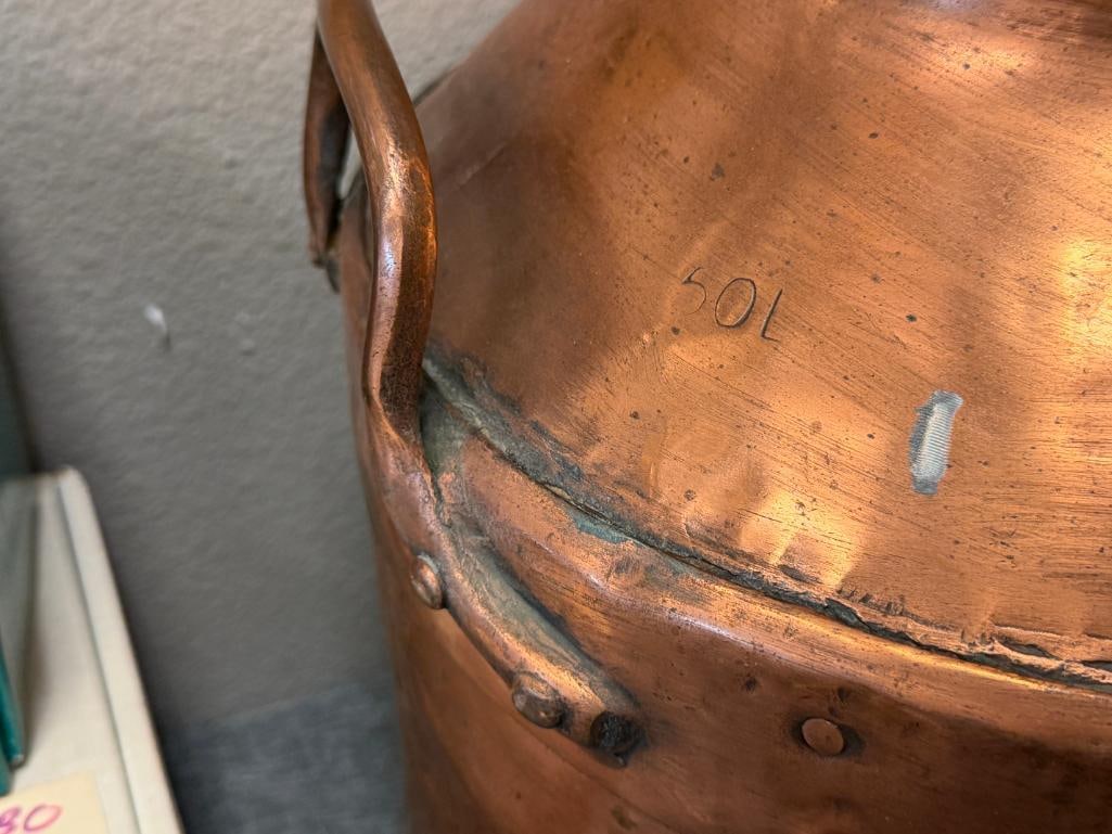 VINTAGE 50L COPPER DAIRY / MILK CAN WITH CHAINED COPPER TOP, MARKED - 7
