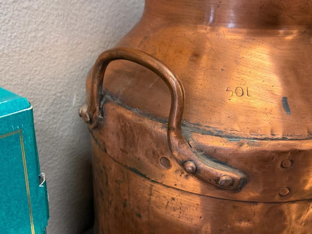 VINTAGE 50L COPPER DAIRY / MILK CAN WITH CHAINED COPPER TOP, MARKED - 8